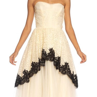 1950S Cream  Black Lace Tulle Strapless Cocktail Dress 