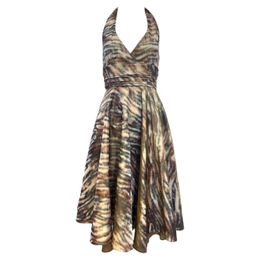 1980's Does 1950's Silk Taffeta Tiger Print Fit and Flare Halter Dress