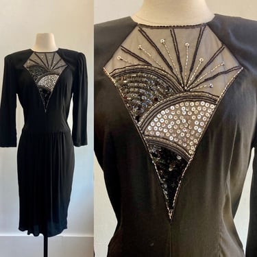 Vintage 80s Party Dress / Sheer Deep V-Neck w/ Sequin + Bead Sunset Design / Artwear / Carol Anderson 