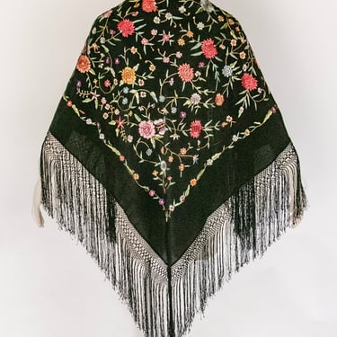 1920s Piano Shawl Embroidered Floral Fringe Deco 