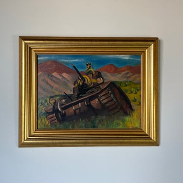 1944 A. Polansky Landscape Painting With a Soldier in a Battle Tank 