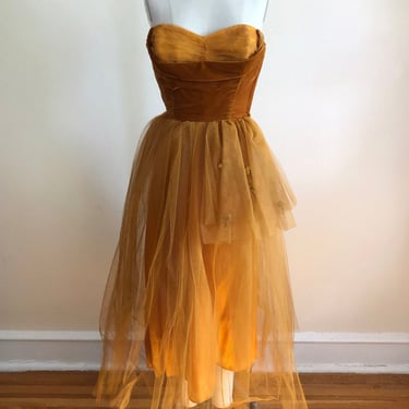 Strapless, Amber Velvet and Tulle Gown - 1950s 