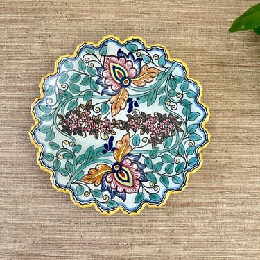 Vintage Decorative Ceramic Floral Plate - Scalloped Edge - Hand Painted Green Yellow - Talavera Style Wall Decor 