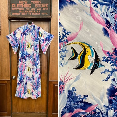 Vintage 1940’s Hawaiian Togs Angel Fish Rayon Pake Muu Batwing Sleeve Hawaiian Dress, Vintage Pake Muu, Hawaiian Dress, Batwing Sleeve, 1940 