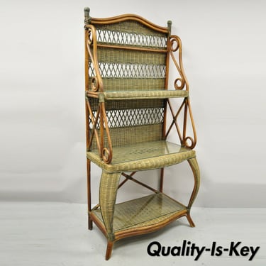 French Country 3 Tier Wicker Rattan Wrapped Frame Kitchen Bakers Rack Stand
