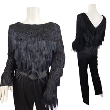 1980s Black Poly Fringe One Piece Jumpsuit I Sz Med 