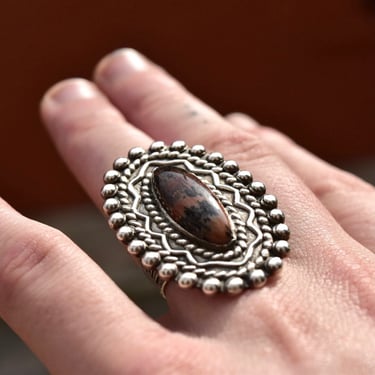 Vintage Sterling Silver Stromatolite, Long Silver Ring With Oval Stone Cabochon, Embellished Gemstone Ring, Size  7 US 