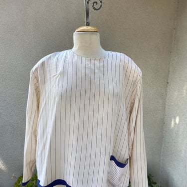 Vintage cream silk shirt top with blue pinstripes pockets shoulder pads sz 10 Sophisticates by Jonathan Martin 