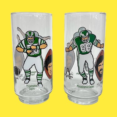 Vintage Philadelphia Eagles Drinking Glasses Retro 1980s McDonalds + Football + Set of 2 + Kelly Green + Four Players + NFL + Fly Eagles Fly 