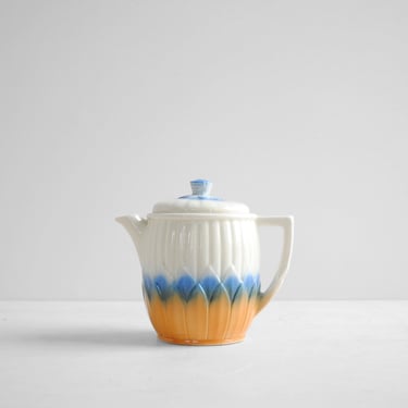 Vintage Small China Teapot in Blue and Orange, Porcelier Vitreous China Teapot 