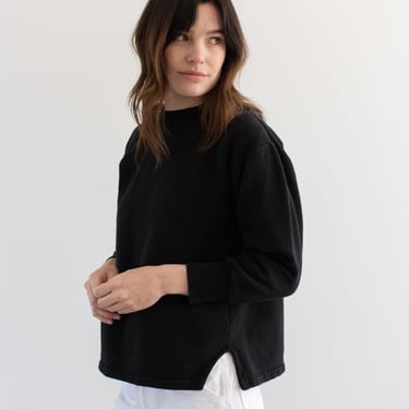Vintage French Overdye Black Crew Sweatshirt | Cozy Fleece Quarter Puff Sleeve | 70s Made in France | XS S M L | 