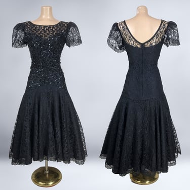 VINTAGE 80s Gothic Black Lace and Sequin Party Dress Sz 3 | 1980s Drop Waist Embellished Whimsygoth Witchy Dress | VFG 