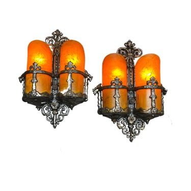 Amazing PAIR Spanish Revival Double Sconces with Bakelite Shades  #2310 FREE SHIPPING 