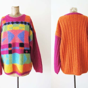 Vintage 90s Mohair Blend Colorblock Geometric Oversized Ribbed Knit Sweater M L - Pink Orange Multicolor 