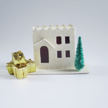 1950s Japan Putz House with Mini Gift Packages, Holiday Glitter House made of Cardboard 
