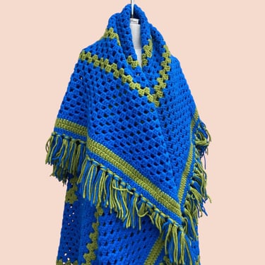Vintage Afghan Blanket 1970s Retro Size 73x73 + Mid Century Modern + Square + Blue/Green + Fringe + Handmade Textile + Home Decor + Bedding 
