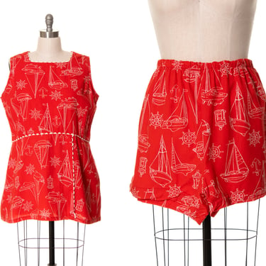 Vintage 1960s Playsuit | 60s Nautical Novelty Print Cotton Dress Tunic & Shorts Matching Two Piece Summer Set (x-large) 