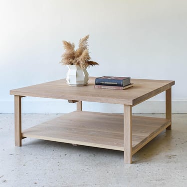 Solid Square Wood Coffee Table with Lower Shelf 