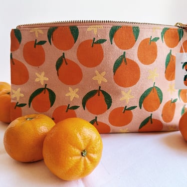 tangerines on pink. block printed zipper pouch. makeup bag. pencil case. travel cosmetic. coastal gift for her. PREORDER SHIPS APPX 7/25 