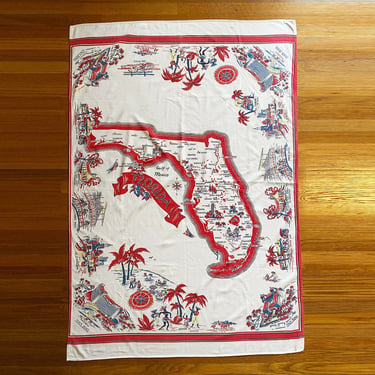 Vintage 40s 50s FLORIDA Tablecloth | Map with Miami Beach Fontainbleau, St. Augustine, Palm Beach Biltmore, Pink Flamingos, Palm Trees +more 