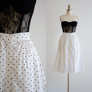 cute cottagecore skirt 80s 90s vintage black white polka dot fit and flare knee length skirt 