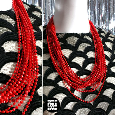 Fabulous Vintage 60s 70s Orange-Red Faceted Bead Multi-Strand Statement Necklace 