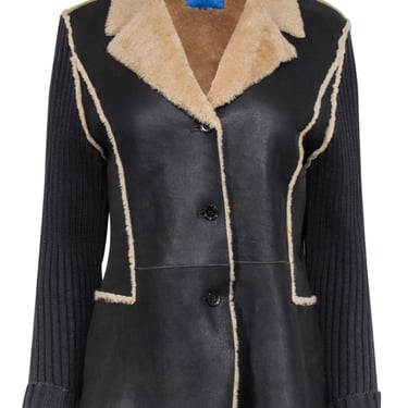 Escada - Dark Brown Wool &amp; Lambskin Jacket w/ Ribbed Knit Sleeves Sz 10