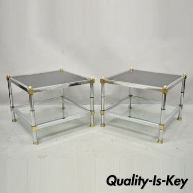 Chrome Brass Maison Jansen Style Hollywood Regency Square End Tables - a Pair