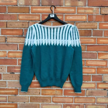 vintage 80s blue white picket fence angora sweater / s m small medium 