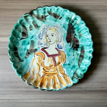 Vintage Mid Century hand-painted Lady Italy Italian Pottery Plate, Renaissance hand painted lady 