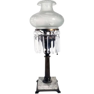 1860's Antique American Marble, Bronze, Glass and Crystal Oil Lamp as a One-Light Table Lamp 