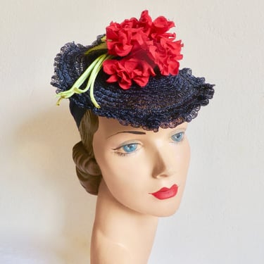 1940's Navy Blue Straw Tilt Hat with Red Fabric Flowers Bouquet Trim Head Holder Rockabilly Swing 40's Millinery WW2 Era Hats Dayton's 