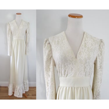 Vintage 70s Wedding Dress - 1970s Cream Lace Long Sleeve Maxi Length Gown - Boho Hippie - Size Large 