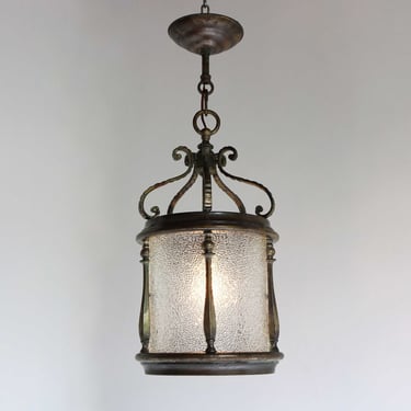 Antique Bronze Lantern With Five Textured Curved Glass Panels Handcrafted Vintage Entryway Hall Ceiling Light Pendant Brass French ca 1900s 