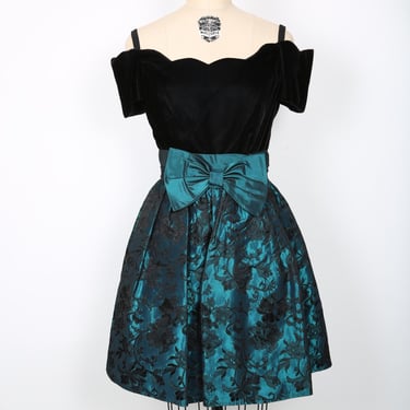 80s 90s Y2K Vintage Green & Black Velvet Party Dress Evening Dress 