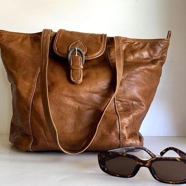 Vintage 90s Capezio Tan Vegan Leather Chunky Buckle Large Tote Bag 