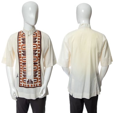 1970's Ethnos Beige and Brown Embroidered Abstract Motif Button Down Shirt Size L