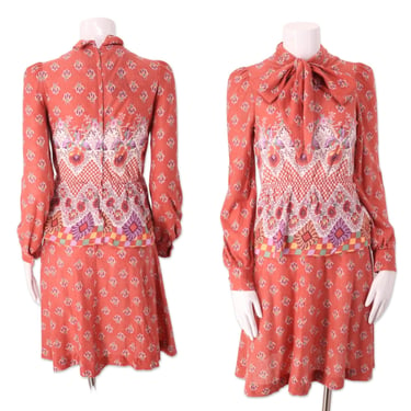 70s Deco glam mini dress outfit S  / vintage 1970s MINDY MALONE floral blouse skirt set XS 