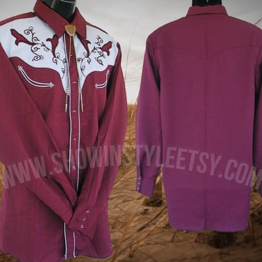 Vintage Western Men's Cowboy and Rodeo Shirt by Miller Westerwear, Embroidered & Appliqued Burgundy Designs, Size Large (see meas. photo) 