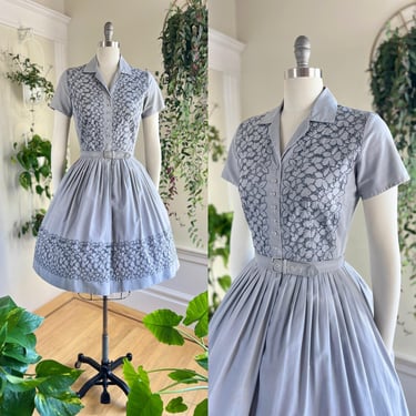 Vintage 1950s Shirt Dress | 50s Floral Eyelet Embroidered Grey Gray Cotton Fit and Flare Shirtwaist Day Dress (small/medium) 