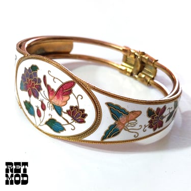 Beautiful Vintage 70s 80s White Cloisonné Butterfly Floral Clamper Bracelet 