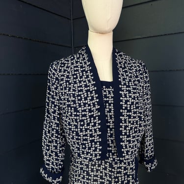 Elegant 1940s Navy Blue and White Rayon Print Dress and Jacket Set Vintage 40 Bust 40s Fashion 