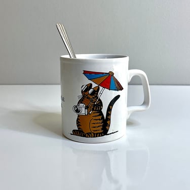 Vintage Kliban Cat Mug with American Football or Rugby Ball - made in England, Tiger Stripe, Collectible, Cat Lover, Coffee Cup, 2 Images 