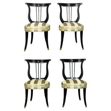 4 Neoclassical Lyre Back Black & Gold Satin Occasional Side Chairs 1920s 