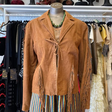 vintage y2k brown suede fringe jacket, r wear rampage leather, medium, southwestern style, hippie boho 