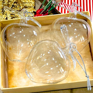 VINTAGE: 3pc - Blown Clear Glass Apple Ornament - SKU 