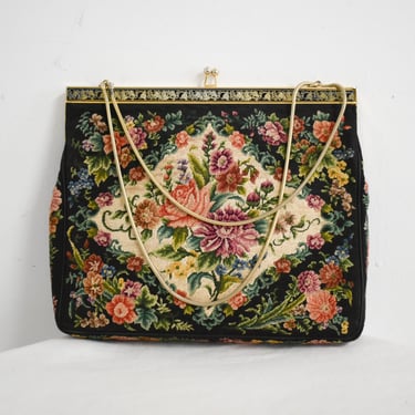 1950s/60s Black Petit Point Floral Handbag 