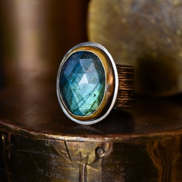 Ribbed Oxidized Sterling Silver, 24K Gold and Labradorite Ring