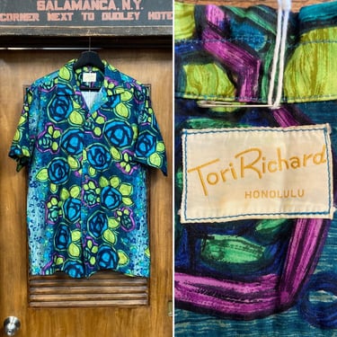 Vintage 1960’s Original “Tori Richard” Polished Cotton Tiki Hawaiian Shirt, Loop Collar, Coin Buttons, 60’s Vintage Clothing 