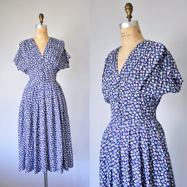 Sanya rayon floral dress, 80s sundress, vintage dresses for women, art deco midi dress 